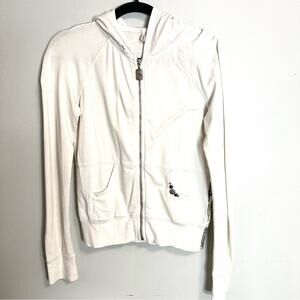 Pink Lotus Full Zip Hooded Lightweight Jacket Cream Black Womens Small